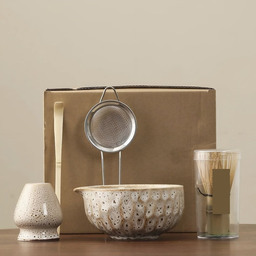 Japanese Matcha Tea Set with Handmade Ceramic Bowl and Bamboo Whisk