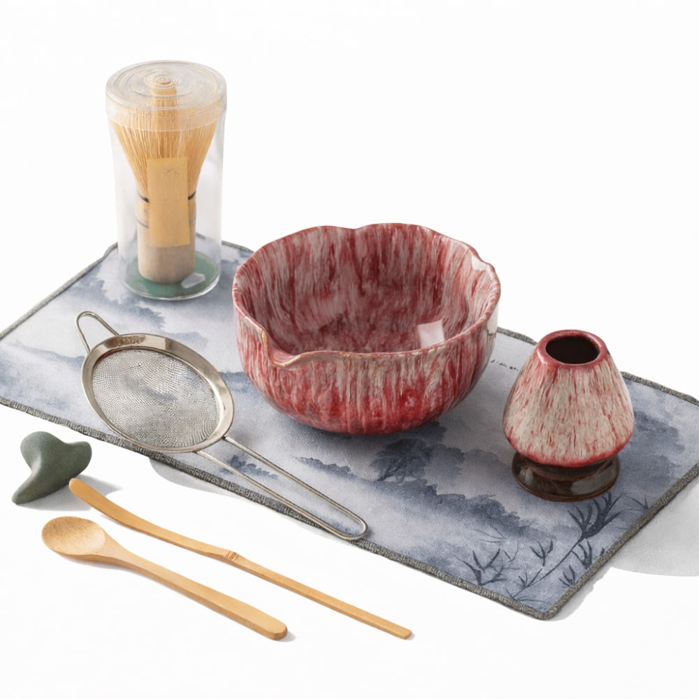 Japanese Matcha Tea Set with Petal Ceramic Bowl and Bamboo Accessories