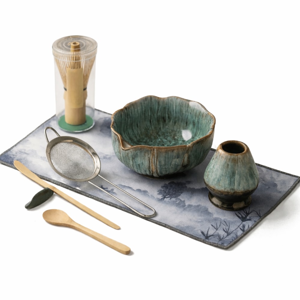 Japanese Matcha Tea Set with Petal Ceramic Bowl and Bamboo Accessories