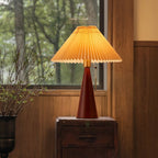 Japanese Vintage Pleated Fabric Table Lamp with Wooden Cone Base for Bedroom