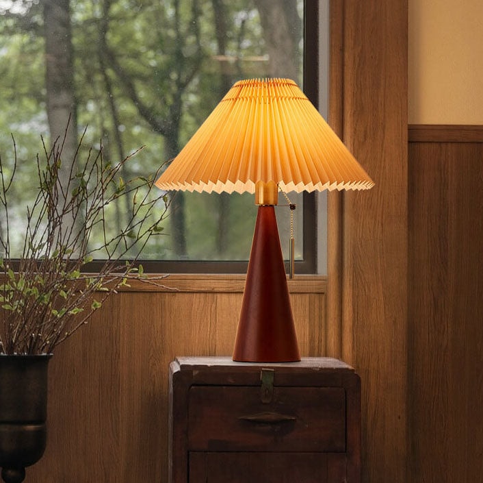 Japanese Vintage Pleated Fabric Table Lamp with Wooden Cone Base for Bedroom