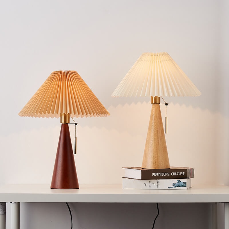 Japanese Vintage Pleated Fabric Table Lamp with Wooden Cone Base for Bedroom