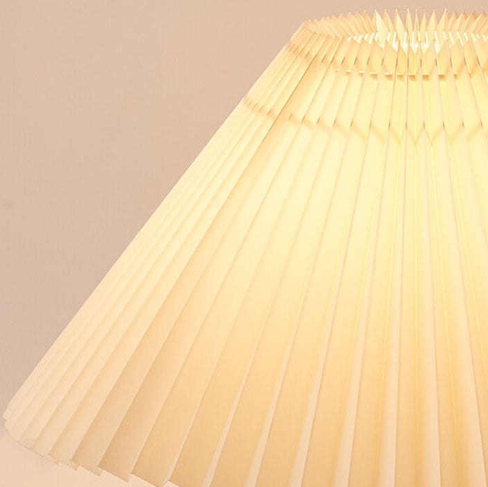 Japanese Vintage Pleated Fabric Table Lamp with Wooden Cone Base for Bedroom