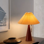 Japanese Vintage Pleated Fabric Table Lamp with Wooden Cone Base for Bedroom