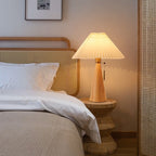 Japanese Vintage Pleated Fabric Table Lamp with Wooden Cone Base for Bedroom