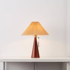 Japanese Vintage Pleated Fabric Table Lamp with Wooden Cone Base for Bedroom