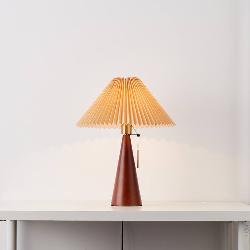 Japanese Vintage Pleated Fabric Table Lamp with Wooden Cone Base for Bedroom