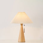 Japanese Vintage Pleated Fabric Table Lamp with Wooden Cone Base for Bedroom