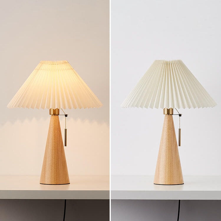 Japanese Vintage Pleated Fabric Table Lamp with Wooden Cone Base for Bedroom