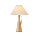 Japanese Vintage Pleated Fabric Table Lamp with Wooden Cone Base for Bedroom