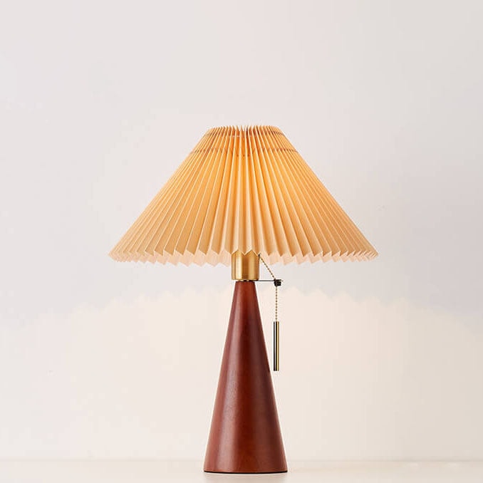Japanese Vintage Pleated Fabric Table Lamp with Wooden Cone Base for Bedroom