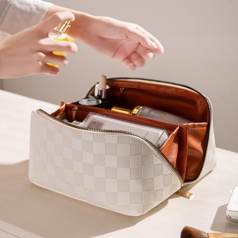 Large Checkered Makeup Bag with Wide Opening Handle and Divider Compartments