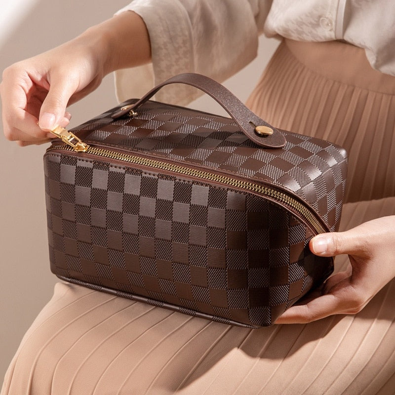 Large Checkered Makeup Bag with Wide Opening Handle and Divider Compartments