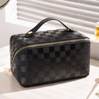 Large Checkered Makeup Bag with Wide Opening Handle and Divider Compartments
