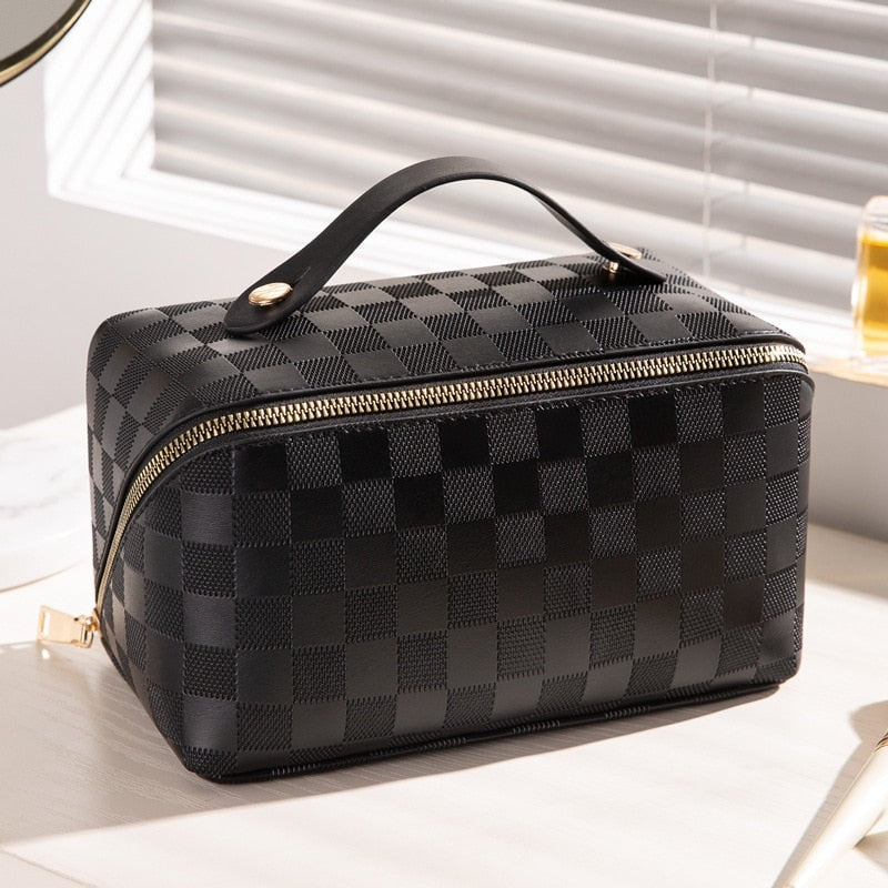 Large Checkered Makeup Bag with Wide Opening Handle and Divider Compartments