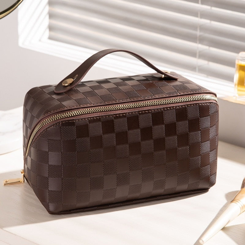 Large Checkered Makeup Bag with Wide Opening Handle and Divider Compartments