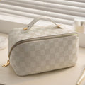 Large Checkered Makeup Bag with Wide Opening Handle and Divider Compartments