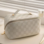 Large Checkered Makeup Bag with Wide Opening Handle and Divider Compartments