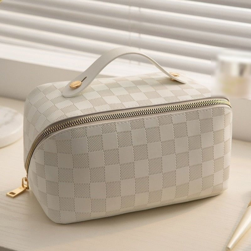 Large Checkered Makeup Bag with Wide Opening Handle and Divider Compartments