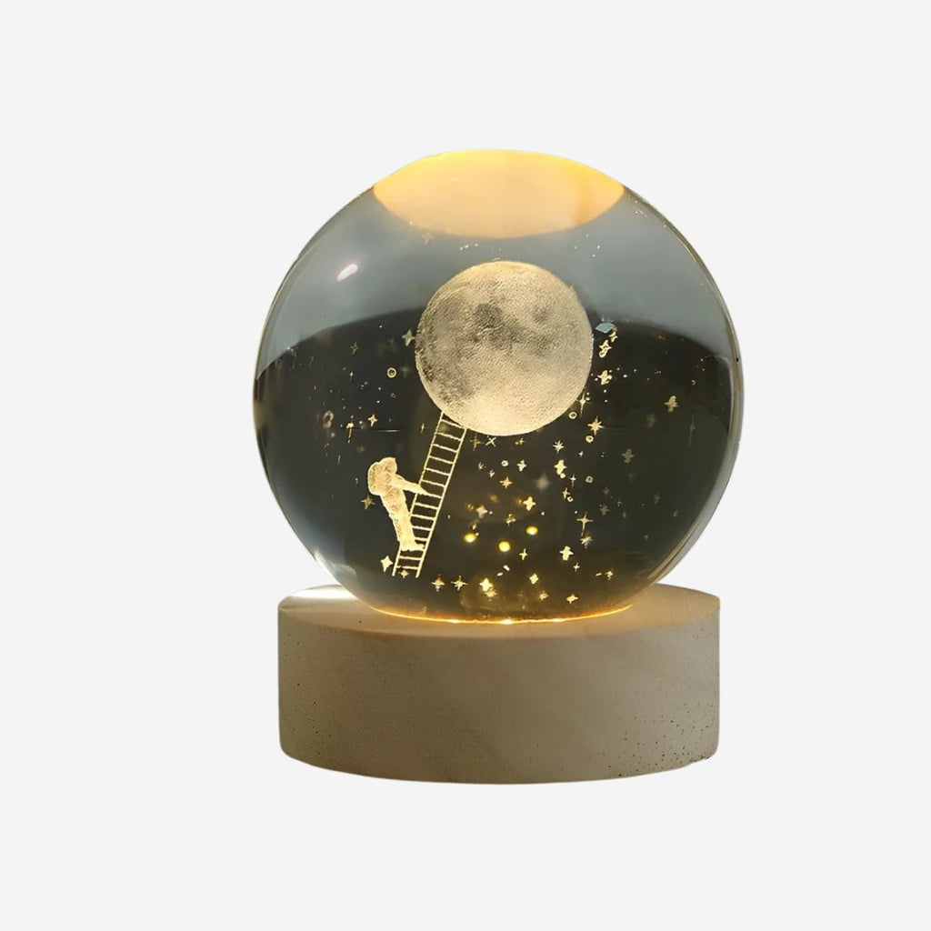 Laser Engraved Crystal Ball Night Light with Wooden Base and Warm Glow