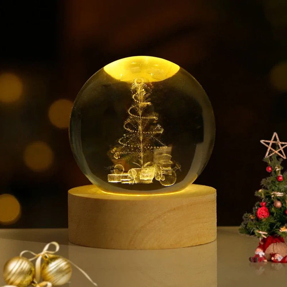 Laser Engraved Crystal Ball Night Light with Wooden Base and Warm Glow