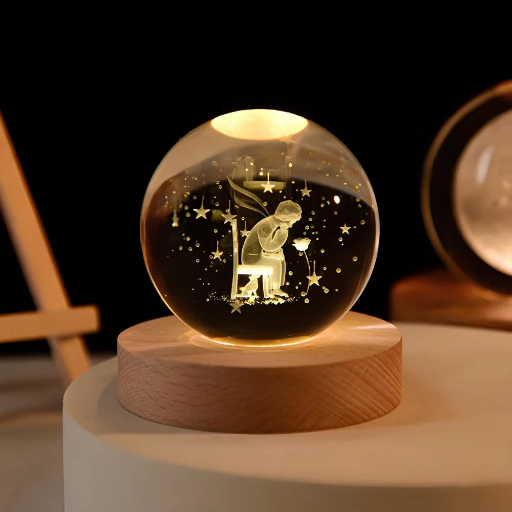 Laser Engraved Crystal Ball Night Light with Wooden Base and Warm Glow