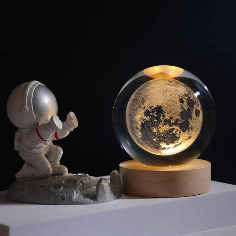 Laser Engraved Crystal Ball Night Light with Wooden Base and Warm Glow