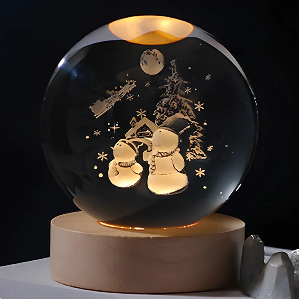 Laser Engraved Crystal Ball Night Light with Wooden Base and Warm Glow