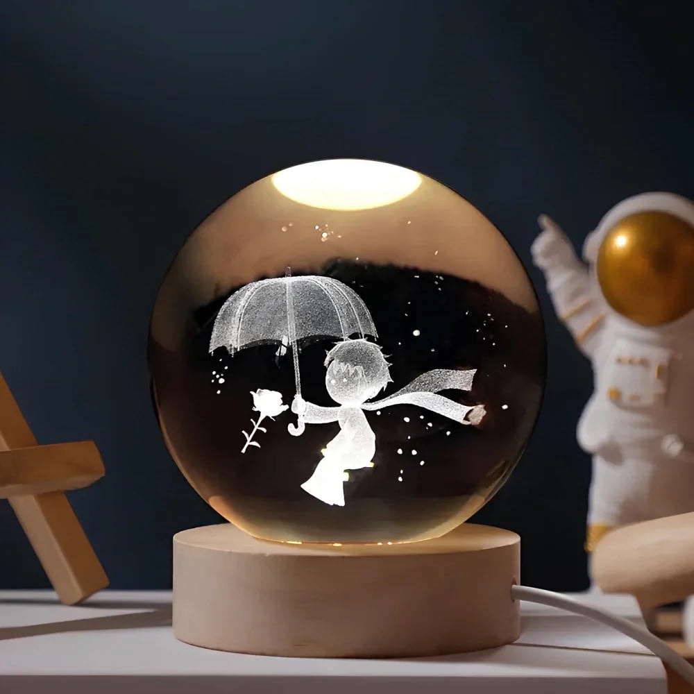 Laser Engraved Crystal Ball Night Light with Wooden Base and Warm Glow