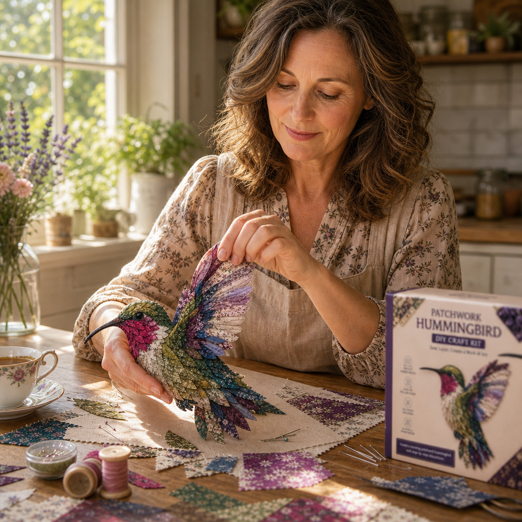 Fabric Patchwork Bird Craft Kit No Sew Layered Textile Art Kit with Pre Cut Numbered Pieces and Wooden Stand Hummingbird | Owl | Robin and More