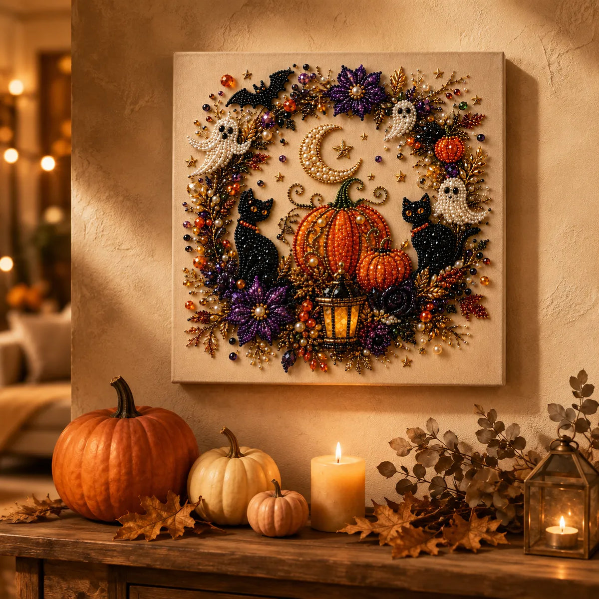 Halloween Bead Art Kit Pearl Bead Canvas Craft Kit with Numbered Self Adhesive Canvas Pumpkin | Ghost and Witch Designs DIY Wall Art
