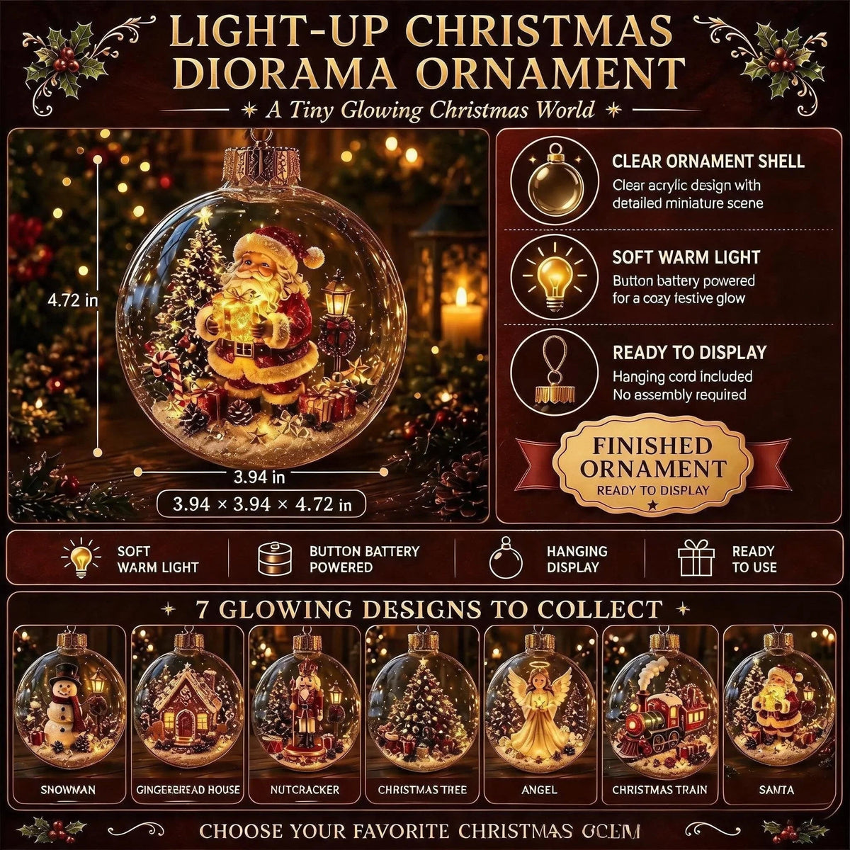 Light Up Christmas Bauble with Miniature Winter Scene Battery Operated Ornament