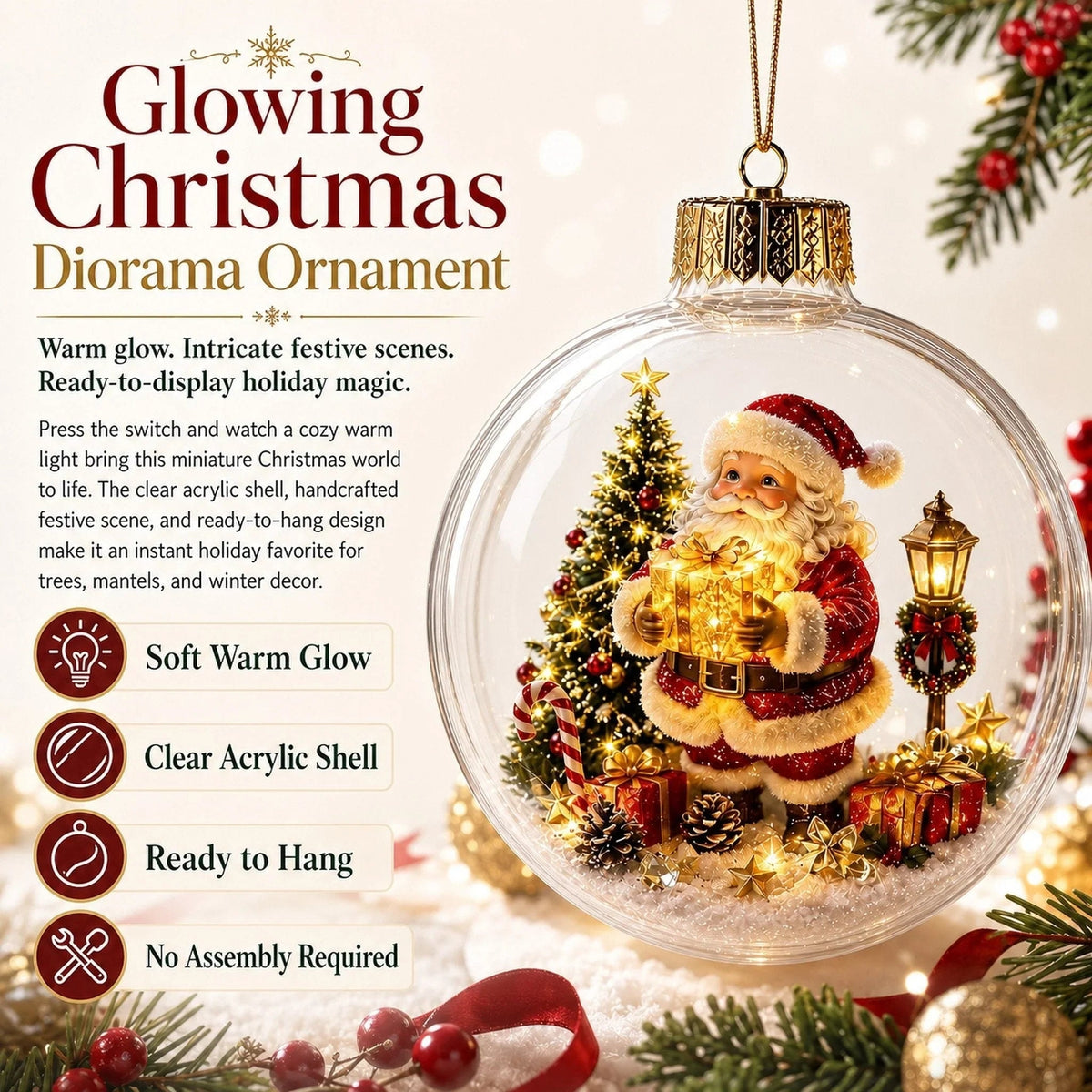 Light Up Christmas Bauble with Miniature Winter Scene Battery Operated Ornament