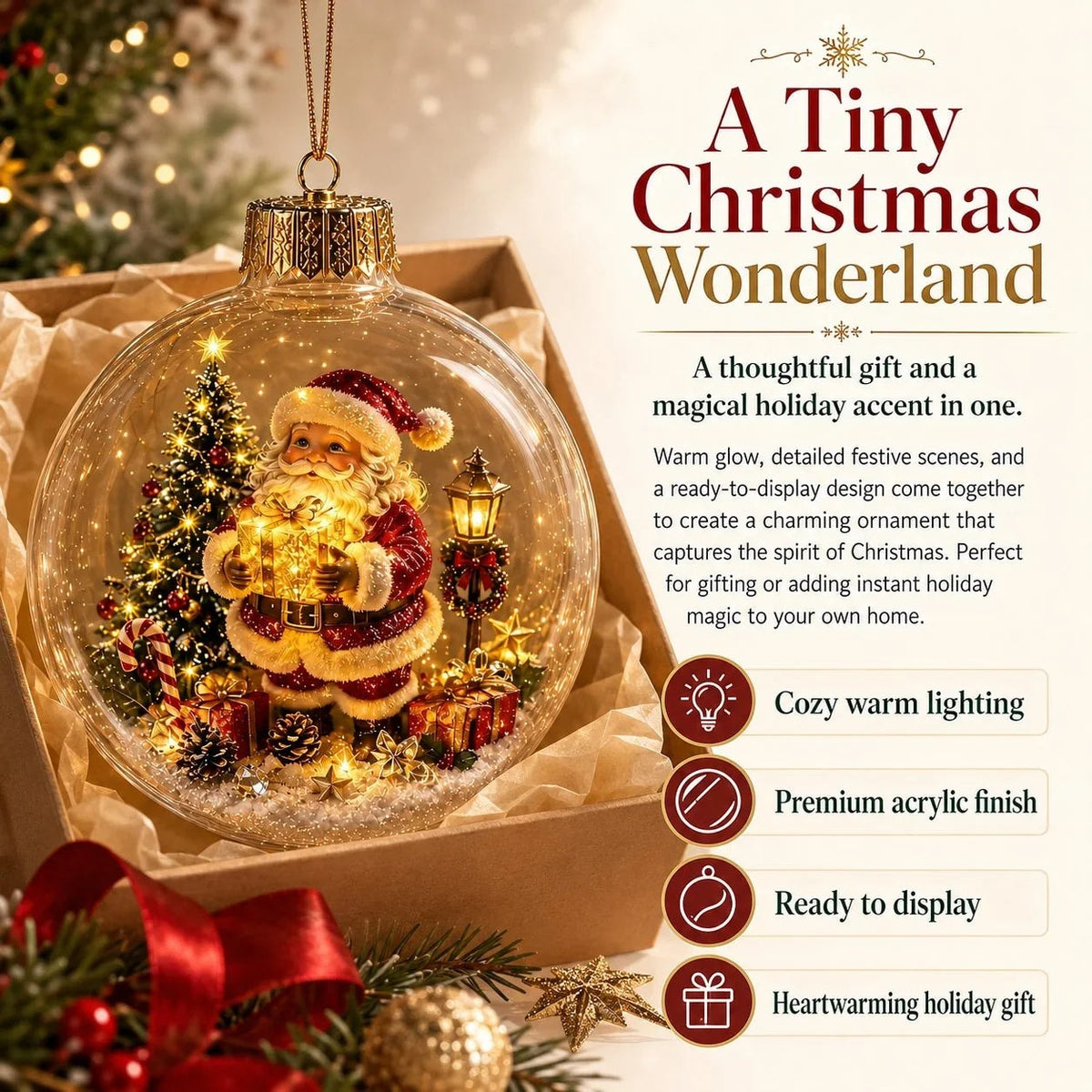 Light Up Christmas Bauble with Miniature Winter Scene Battery Operated Ornament