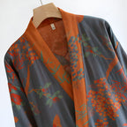 Lightweight Cotton Gauze Kimono Robe with Bird Jacquard and Side Pockets