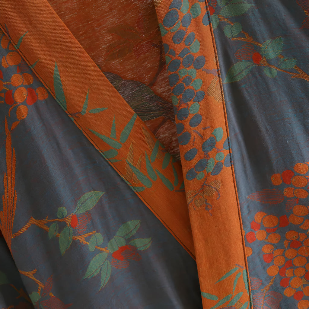 Lightweight Cotton Gauze Kimono Robe with Bird Jacquard and Side Pockets