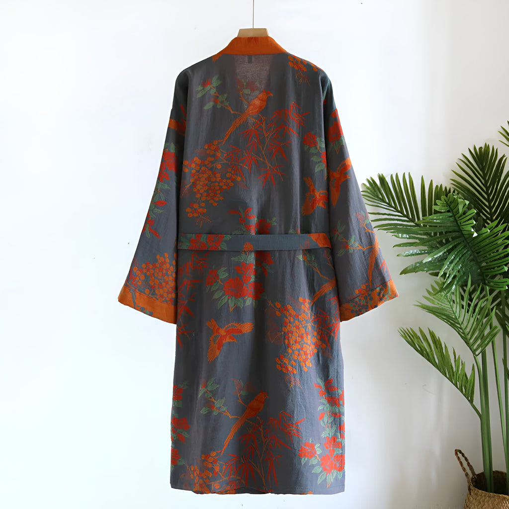 Lightweight Cotton Gauze Kimono Robe with Bird Jacquard and Side Pockets