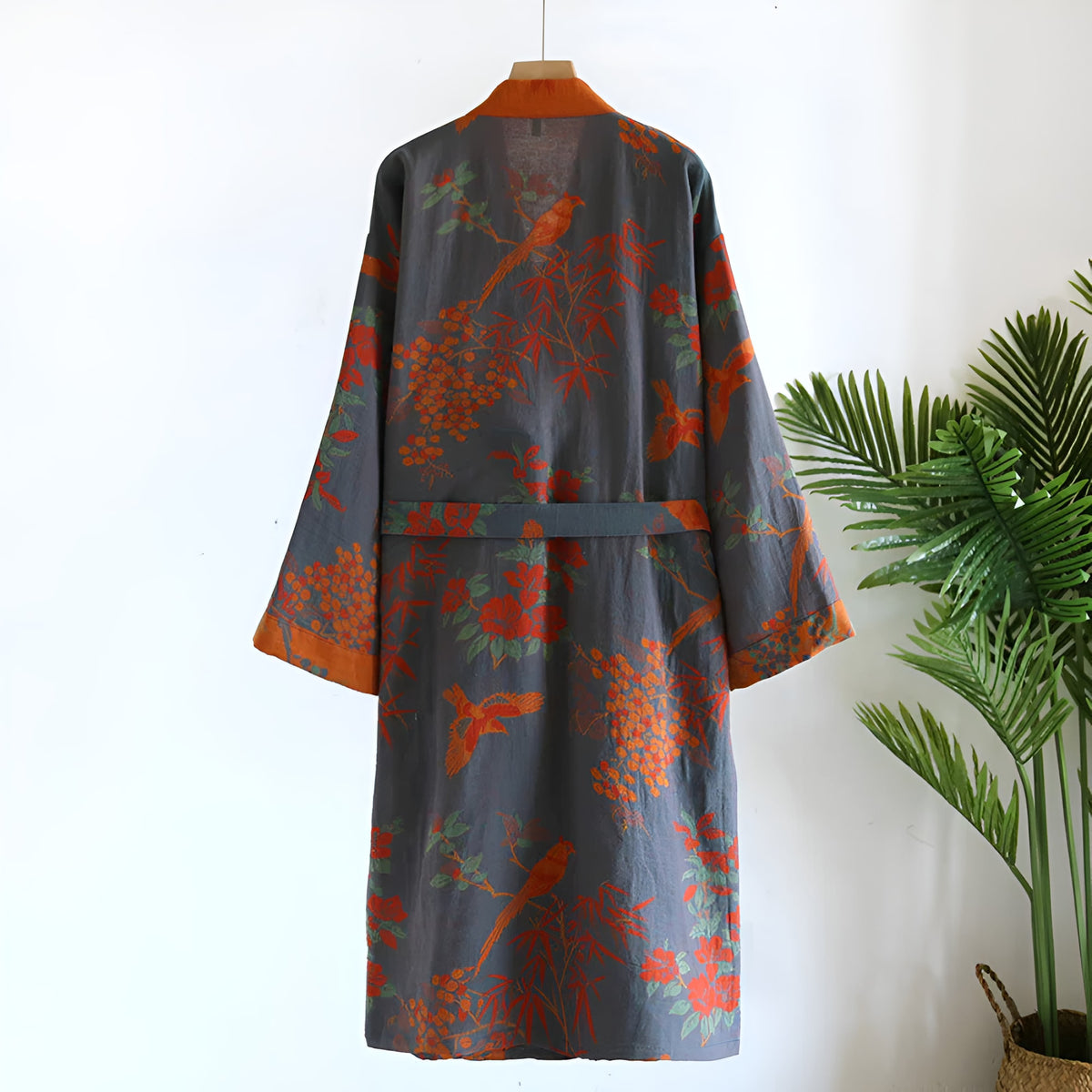 Lightweight Cotton Gauze Kimono Robe with Bird Jacquard and Side Pockets