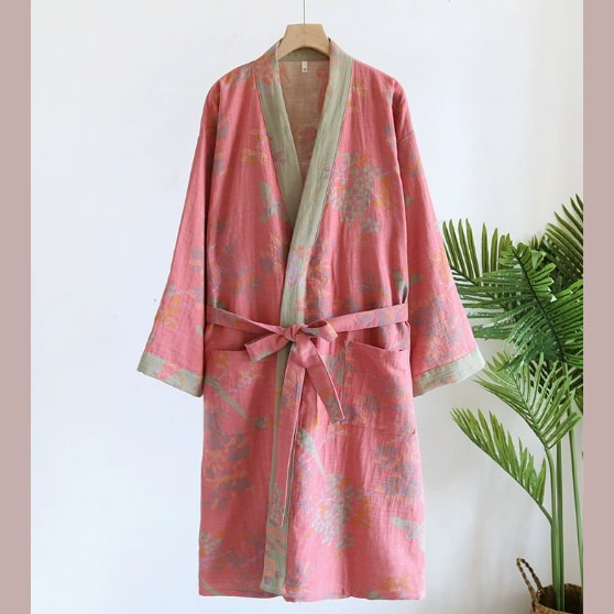 Lightweight Cotton Gauze Kimono Robe with Bird Jacquard and Side Pockets