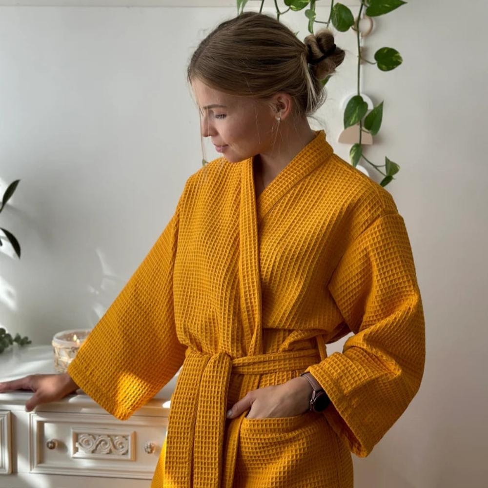 Lightweight Cotton Waffle Bathrobe with V Neck Tie Belt and Patch Pockets