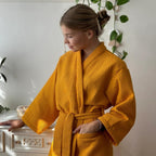 Lightweight Cotton Waffle Bathrobe with V Neck Tie Belt and Patch Pockets
