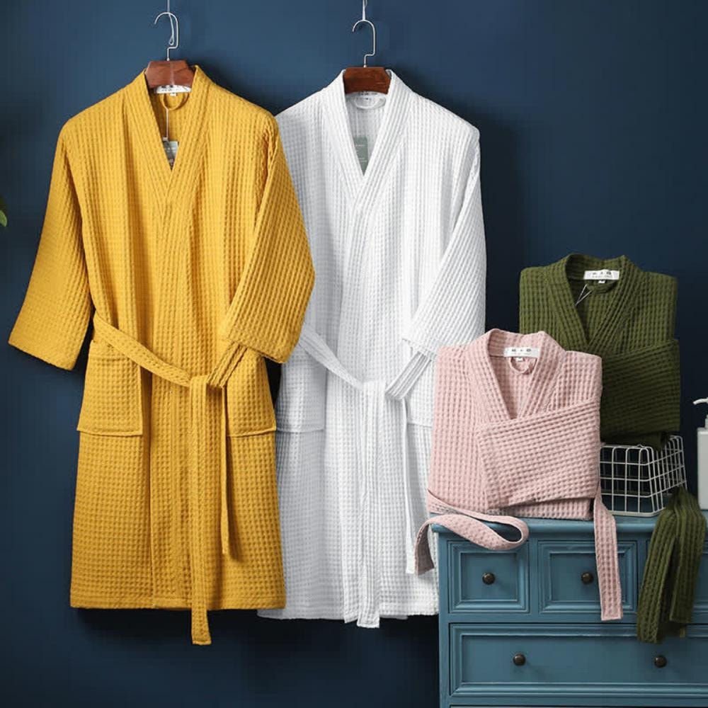 Lightweight Cotton Waffle Bathrobe with V Neck Tie Belt and Patch Pockets
