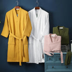 Lightweight Cotton Waffle Bathrobe with V Neck Tie Belt and Patch Pockets