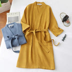 Lightweight Cotton Waffle Bathrobe with V Neck Tie Belt and Patch Pockets