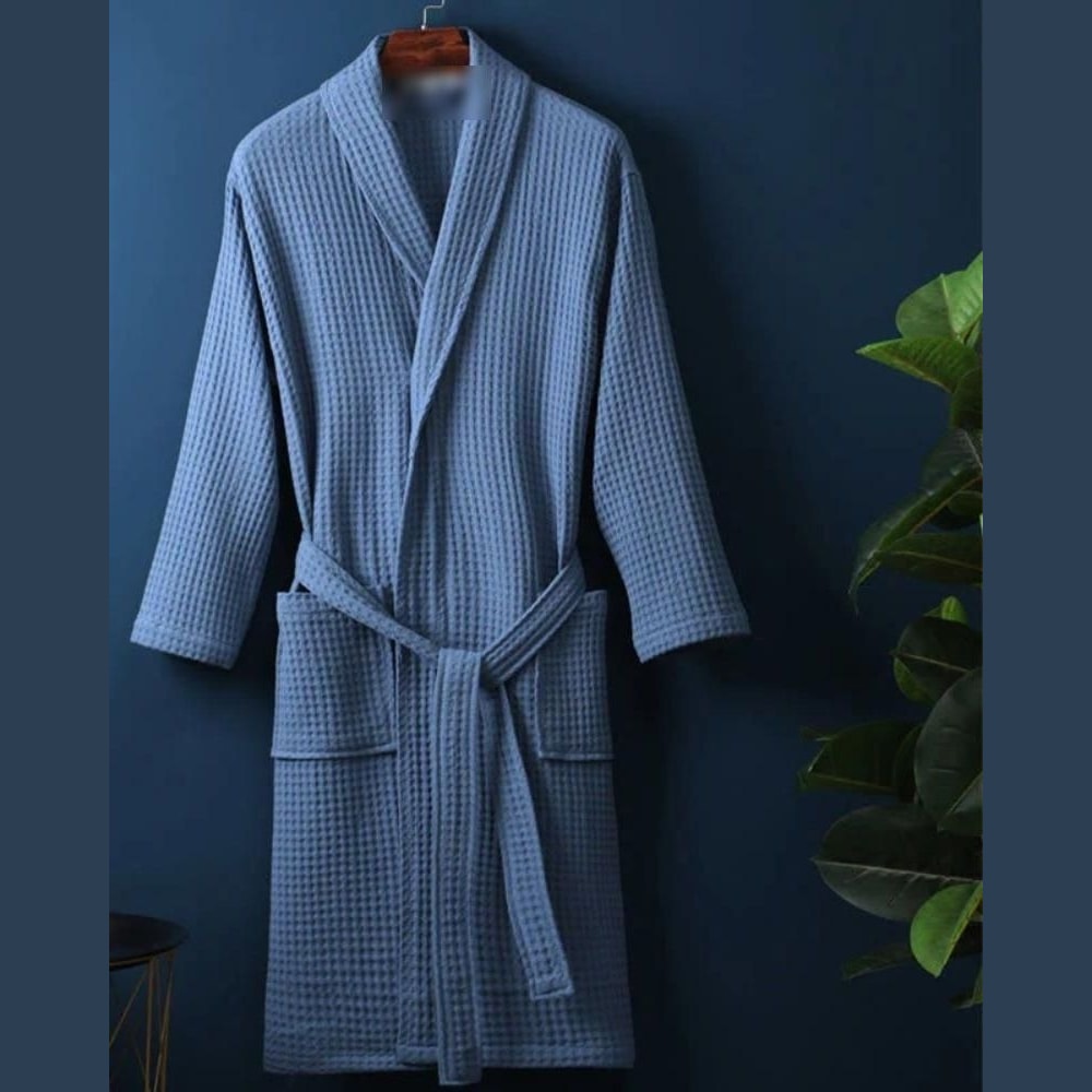 Lightweight Cotton Waffle Bathrobe with V Neck Tie Belt and Patch Pockets