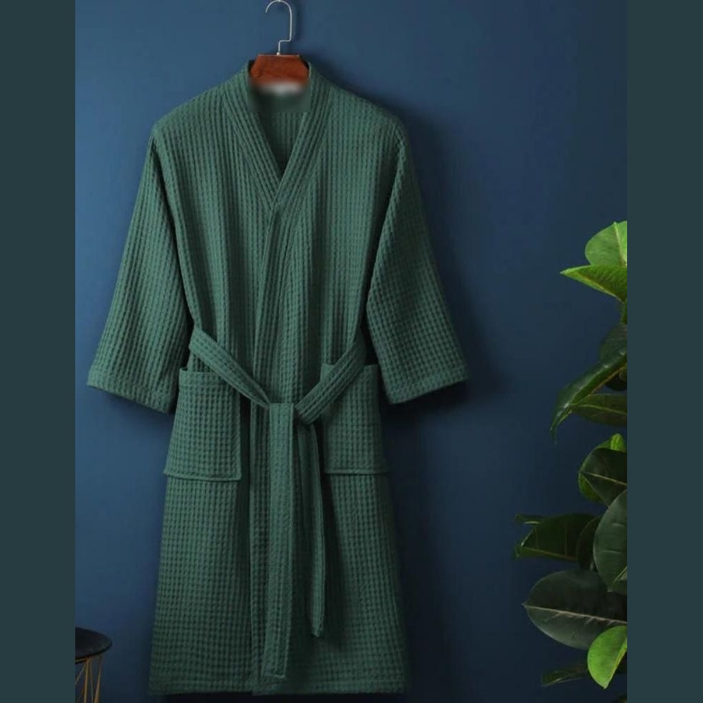 Lightweight Cotton Waffle Bathrobe with V Neck Tie Belt and Patch Pockets