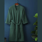 Lightweight Cotton Waffle Bathrobe with V Neck Tie Belt and Patch Pockets