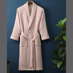 Lightweight Cotton Waffle Bathrobe with V Neck Tie Belt and Patch Pockets