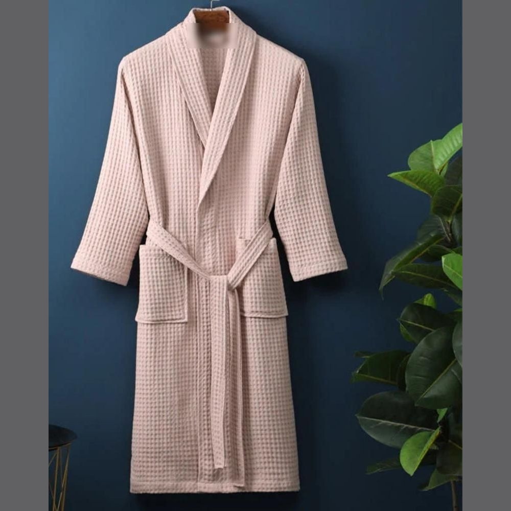Lightweight Cotton Waffle Bathrobe with V Neck Tie Belt and Patch Pockets