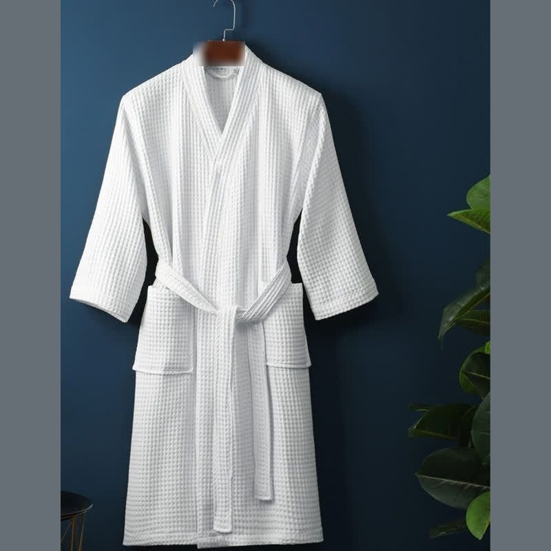 Lightweight Cotton Waffle Bathrobe with V Neck Tie Belt and Patch Pockets
